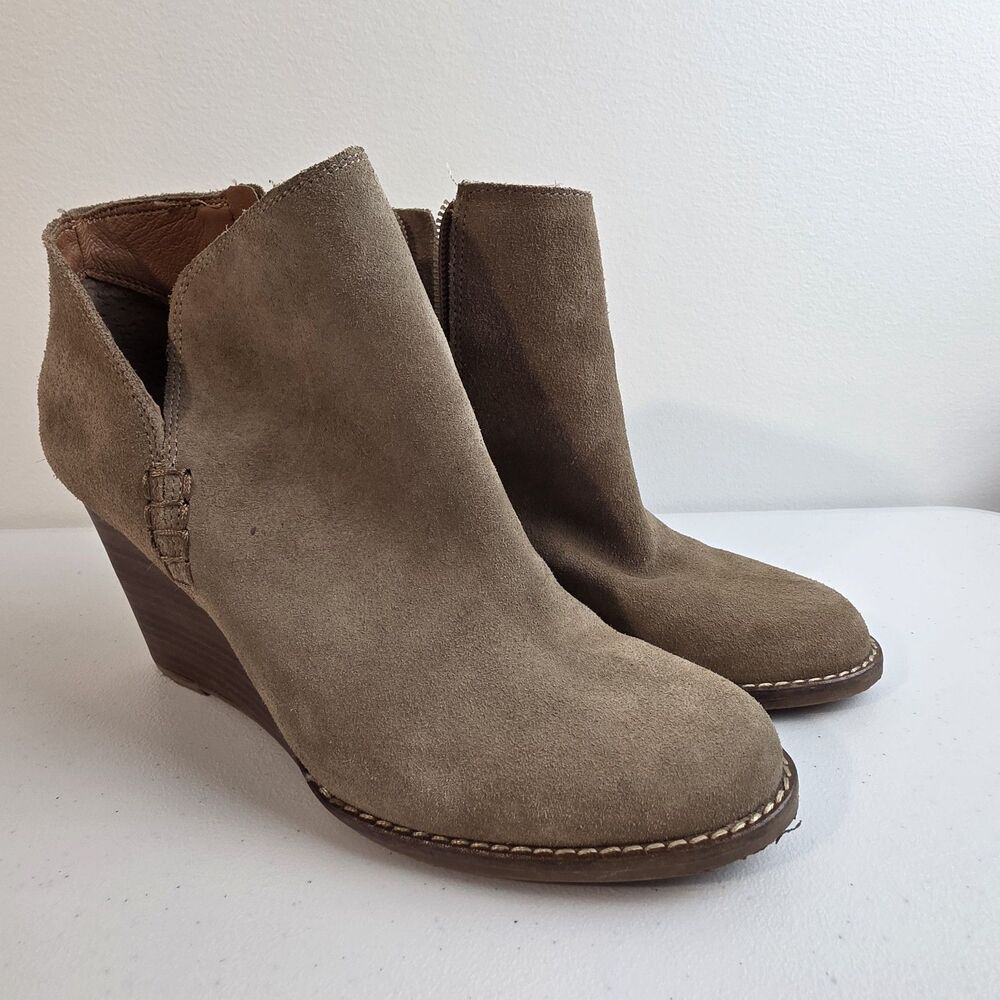 LUCKY BRAND Womens Brown Stitch Yimme Round Toe Wedge Leather Booties 8.5 Boots